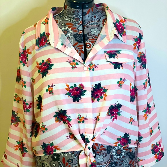 Lindy Bop Tops - Floral & Stripe Crop Blouse